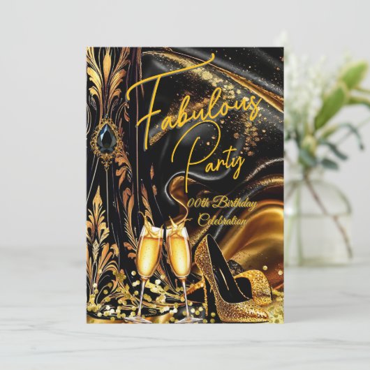 Fabulous Birthday Golden Heels Black Champagne Einladung (Stehend Vorderseite)