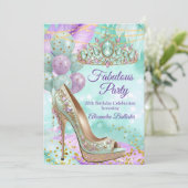 Fabulous birthday Lilac Teal Tiara Gold Heel Einladung (Stehend Vorderseite)