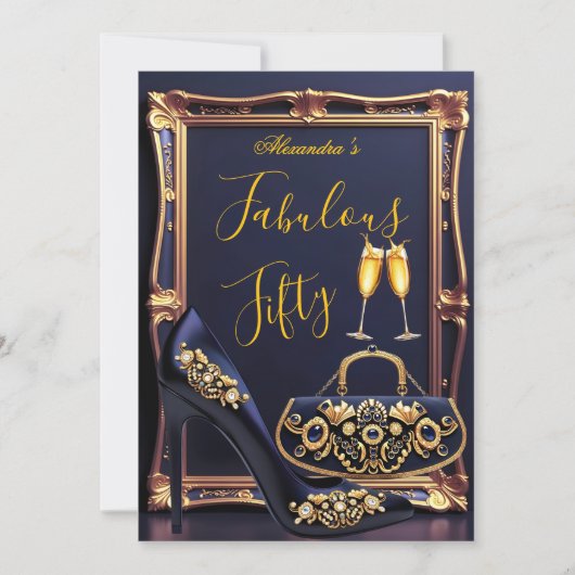 Fabulous Birthday Navy Jewels Heel Champagne Gold Einladung (Vorderseite)