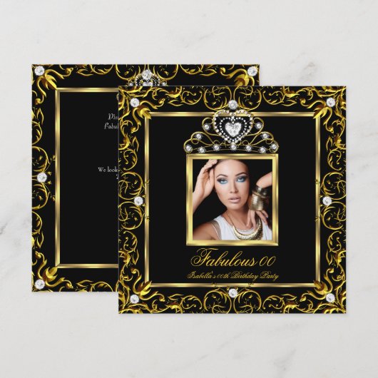 Fabulous Birthday Party Black Gold Tiara Einladung (Vorne/Hinten)