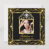 Fabulous Birthday Party Black Gold Tiara Einladung (Vorderseite)