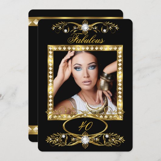 Fabulous Birthday Party Pearl Black Gold Foto Einladung (Vorne/Hinten)