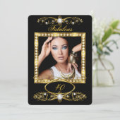 Fabulous Birthday Party Pearl Black Gold Foto Einladung (Stehend Vorderseite)