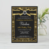 Fabulous Birthday Pearl Gold Lace Bow Black Invite Einladung (Stehend Vorderseite)