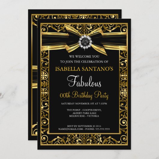 Fabulous Birthday Pearl Gold Lace Bow Black Invite Einladung (Vorne/Hinten)