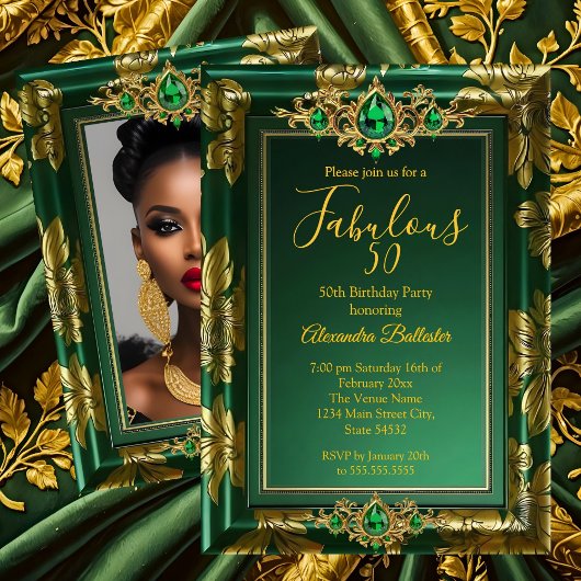 Fabulous Birthday Photo Emerald Green Gold Jewels Einladung