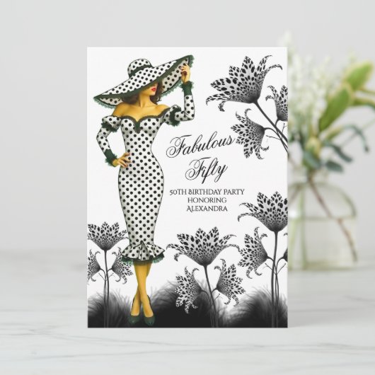 Fabulous Birthday Polka Dot Frau Schwarz-weiß Einladung (Stehend Vorderseite)