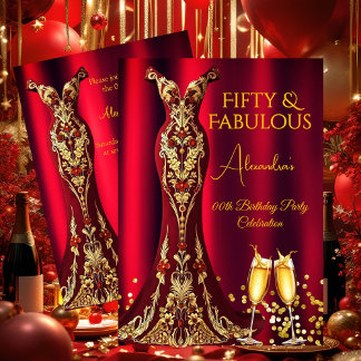 Fabulous Birthday Red Gems Gold Dress Champagne Einladung