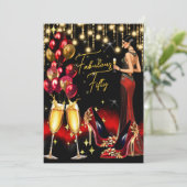 Fabulous Birthday Red Glitzer Champagne Dress Einladung (Stehend Vorderseite)