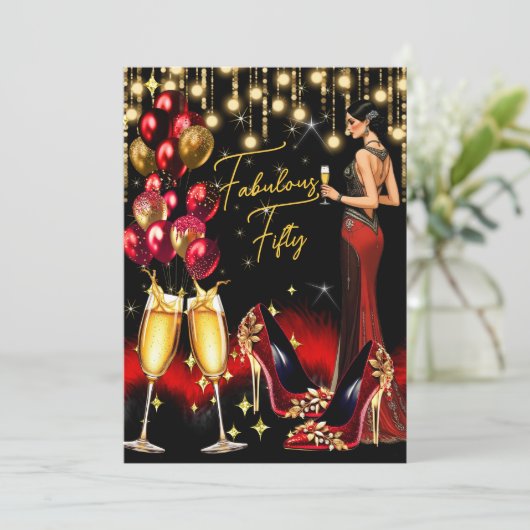 Fabulous Birthday Red Glitzer Champagne Dress Einladung (Stehend Vorderseite)