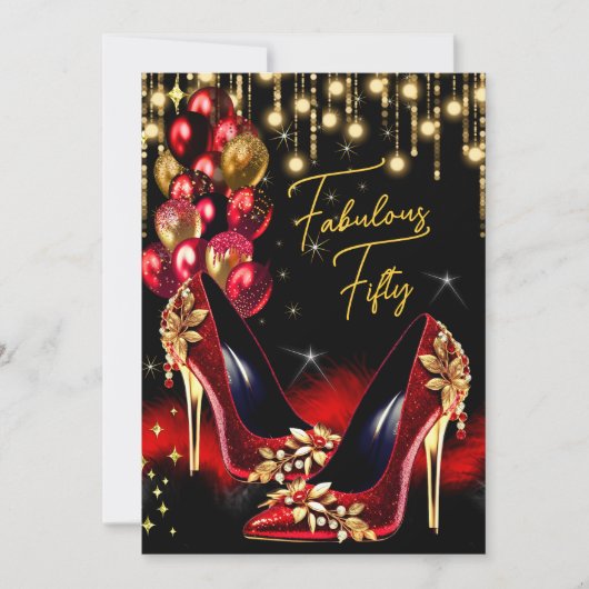 Fabulous Birthday Red Glitzer Heelse Balloons Einladung (Vorderseite)