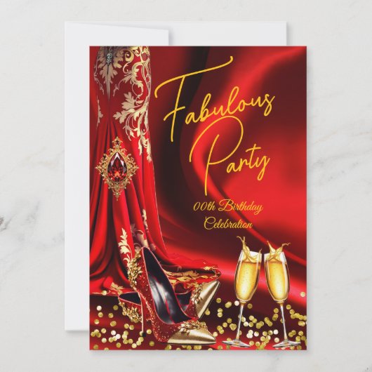 Fabulous Birthday Red Gold Heels Champagne Einladung (Vorderseite)