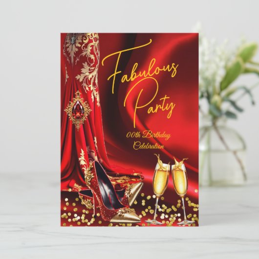 Fabulous Birthday Red Gold Heels Champagne Einladung (Stehend Vorderseite)
