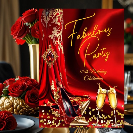 Fabulous Birthday Red Gold Heels Champagne Einladung
