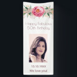 Fabulous birthday white pink floral photo banner<br><div class="desc">A vertical banner for a girly and glamorous 50th (or any age) & Fabulous birthday party. A chic white background with an elegant rose gold, pink and faux silver glitter drips, paint dripping look ribbon behind a large pink rose and green leaves. Personalize and add a photo of the birthday...</div>