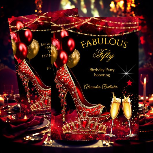 Fabulous Champagne birthday party Red Gold Heel Einladung