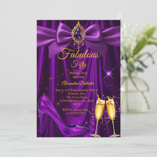 Fabulous Champagne birthday Purple Gold Heel Gem Einladung (Stehend Vorderseite)