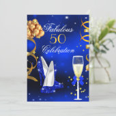 Fabulous Champagne Party Royal Blue Heelses Gold Einladung (Stehend Vorderseite)