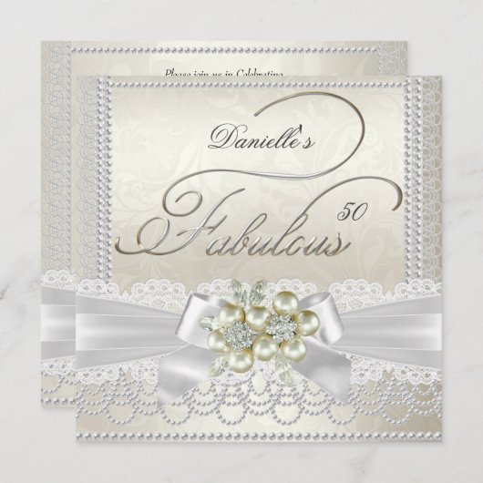 Fabulous Cream White Pearl Lace Damask Diamond Einladung (Vorne/Hinten)
