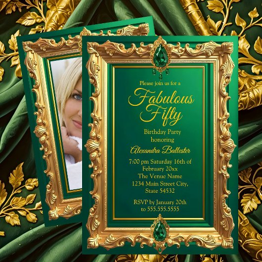 Fabulous Elegant Birthday Photo Emerald Green Gold Einladung