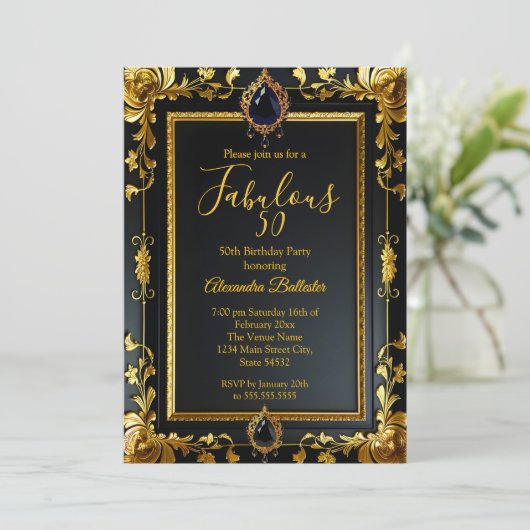 Fabulous Elegant Birthday Photo Gold Black Jewels Einladung (Stehend Vorderseite)