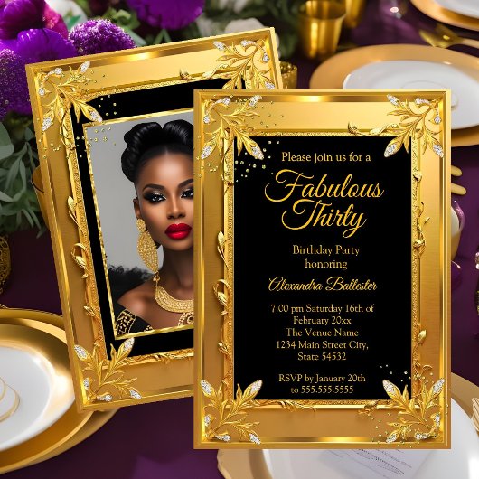 Fabulous Elegant Birthday Photo Gold Black Jewels Einladung