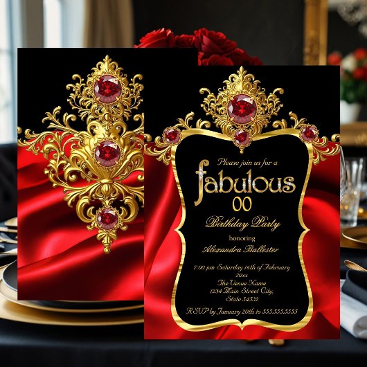 Fabulous Elegant Birthday Red Silk Gold Gemis Einladung