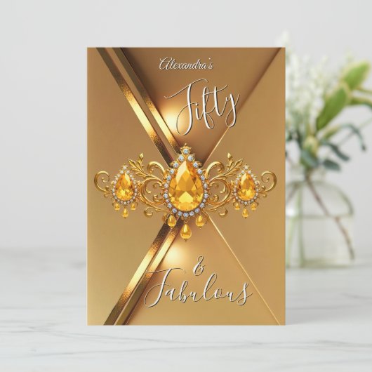 Fabulous Fifty Birthday Party Yellow Gold Gems Einladung (Stehend Vorderseite)