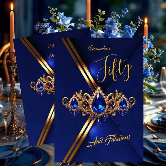 Fabulous Fifty Birthday Royal Blue Gold Gems Einladung