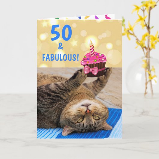 Fabulous Fifty Cat Birthday Karte (Gelbe Blume)
