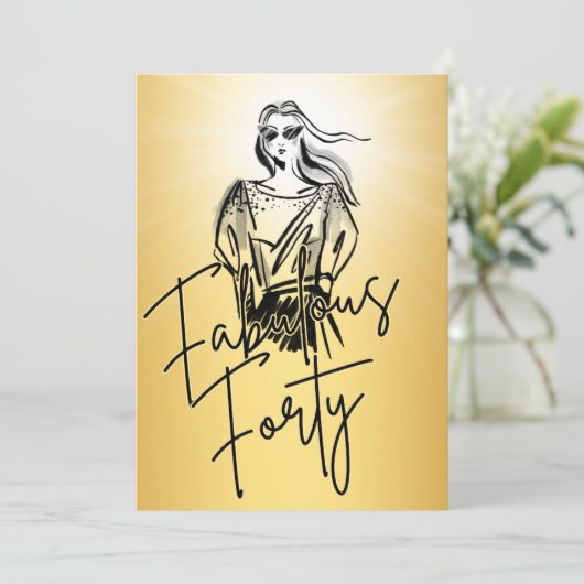 Fabulous Forty Woman Gold Sketch 40th Birthday Einladung (Stehend Vorderseite)