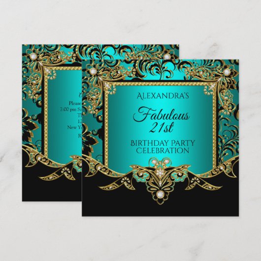 Fabulous Gold Aquamarin BLAUE Black 21. Geburtstag Einladung (Vorne/Hinten)