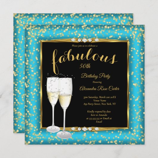 Fabulous Gold Aquamarin Blue Champagne Foto Geburt Einladung (Vorne/Hinten)