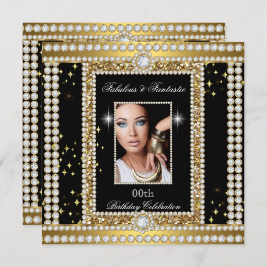 Fabulous Gold Black Glamour Foto Diamond Party Einladung (Vorne/Hinten)