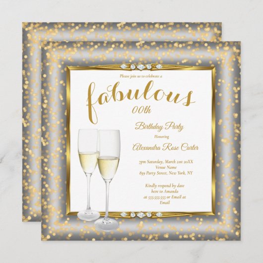 Fabulous Gold Silver Champagne Foto Birthday sq Einladung (Vorne/Hinten)