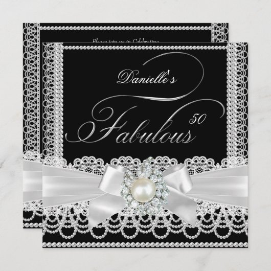Fabulous Party Schwarz-weiß Pearl Lace Bow Einladung (Vorne/Hinten)