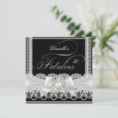 Fabulous Party Schwarz-weiß Pearl Lace Bow Einladung (Stehend Vorderseite)