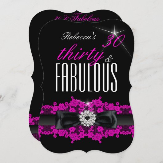 Fabulous Pink Lace Black 30. Geburtstag Party Einladung (Vorne/Hinten)