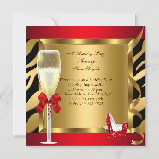 Fabulous Red Glitzer Heelses Zebra Champagne Party Einladung (Rückseite)