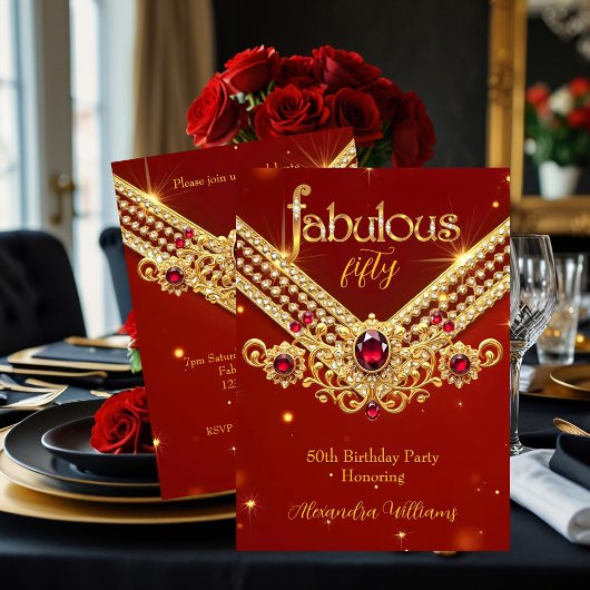Fabulous Red Gold Diamonds Elegant Birthday Party Einladung