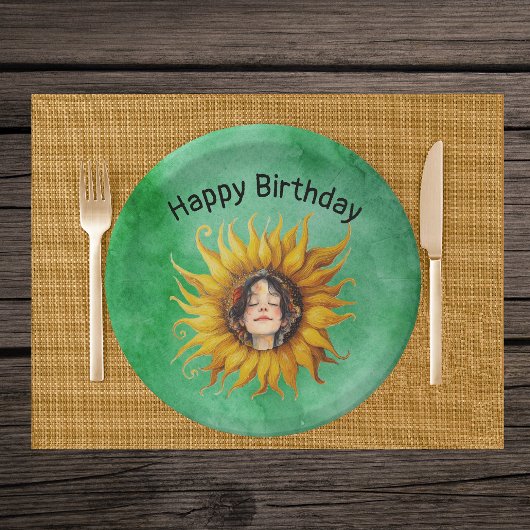 Face of Birthday Girl in Fancy Yellow Sunflower  Pappteller