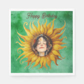 Face of Peaceful Girl Big Yellow Sunflower Green Serviette (Vorderseite)
