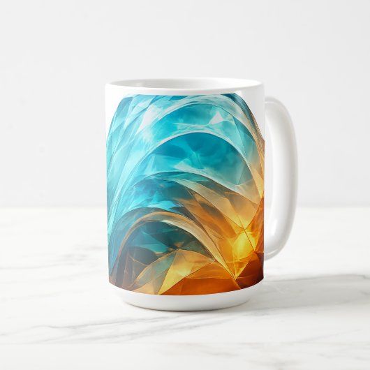 Facettierte cyan- und bernsteinfarbene 3D-Abstrakt Kaffeetasse (VorderseiteRechts)