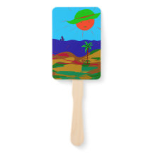 Fächer mit Sonne, Strand und Palme.