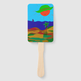 Fächer mit Sonne, Strand und Palme.