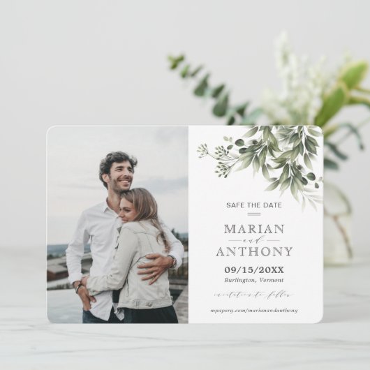 Faded Greenerenery Eucalyptus Save the Date (Stehend Vorderseite)