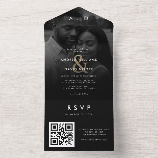 Faded Overlay Photo Gold Ampersand QR Code Wedding All In One Einladung (Innen Boden)