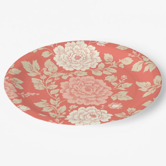 Faded Red Block Print Floral Pappteller (Schrägansicht)