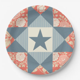 Faded Red Blue Star Quilt Block Floral Pappteller