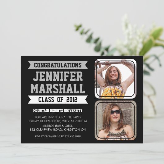 Fahnen und Foto-Ausschnitt-Absolvent-Einladung - Einladung (Stehend Vorderseite)
